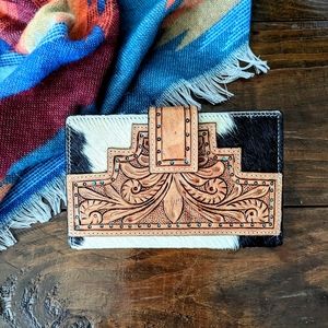 Genuine Tooled Leather and Cow Hair on Hide Wallet - Black